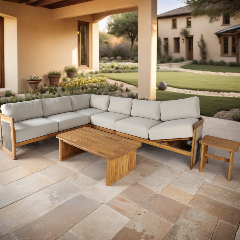 Ensemble de conversation modulaire d'extérieur en bois d'acacia avec coussins crème Fran