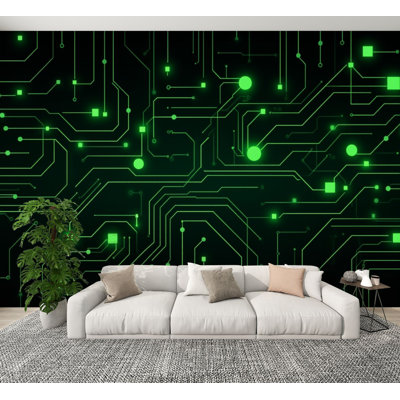 Futuristic Peel and Stick Wallpaper Glowing Green Futuristic Tech Lines Wall Murals 69"H x 96"W Removable PVC Wall Paper Self-Adhesive Wall Decor for Boys Bedroom Play Room Home Office