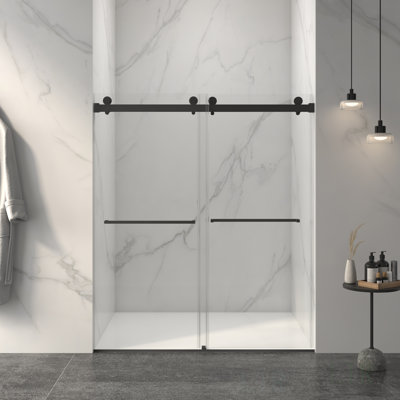 Porte de douche coulissante double sans cadre l 56 à 60 po x H 70 po, verre trempé transparent de 5/16 po (8 mm) de large épaisseur, couche de finition facile à nettoyer, porte de douche