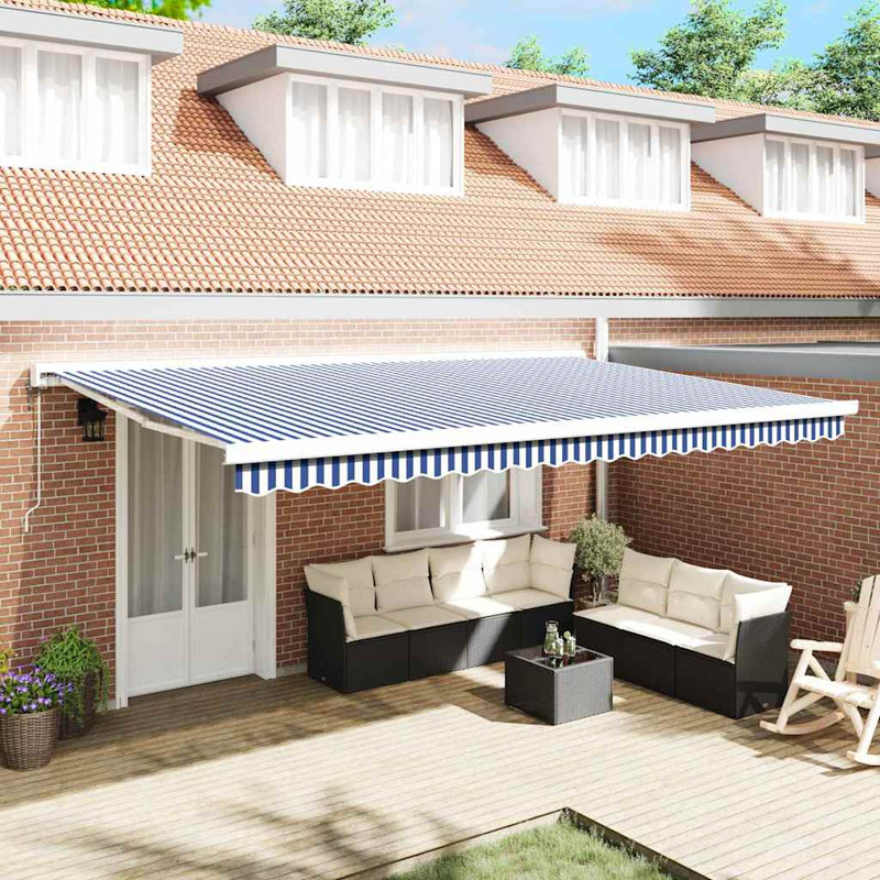 Ebern Designs Fabric Cover Retractable Patio Awning, Blue;White Striped, 500cm H x 300cm W