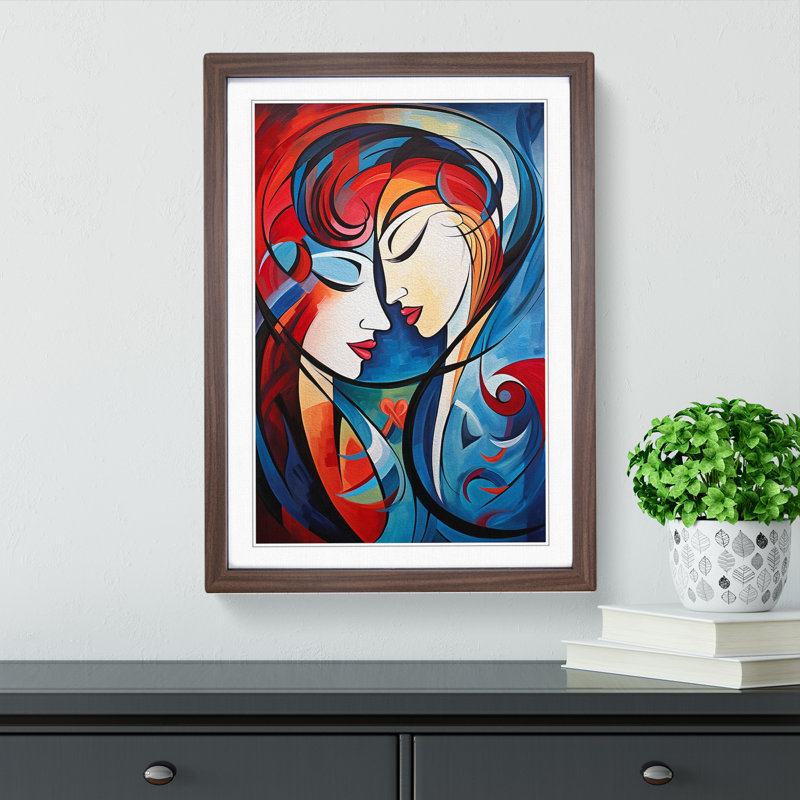 Two Women In Love Abstract - Single Picture Frame Print on Wood, Walnut Framed, 46cm H x 34cm W