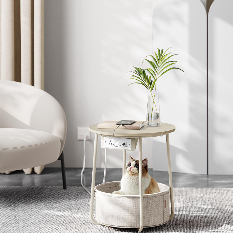Side Table With Charging Station, Cream White