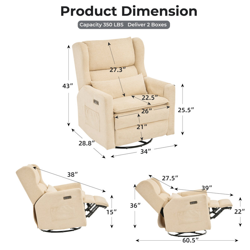 Fauteuil inclinable pivotant Veya surdimensionné, fauteuil à bascule extra large de 66 cm (26 po) pour chambre d'enfant avec appui-tête réglable, fauteuil inclinable électrique en chenille avec double coussin et porte-gobelet, beige