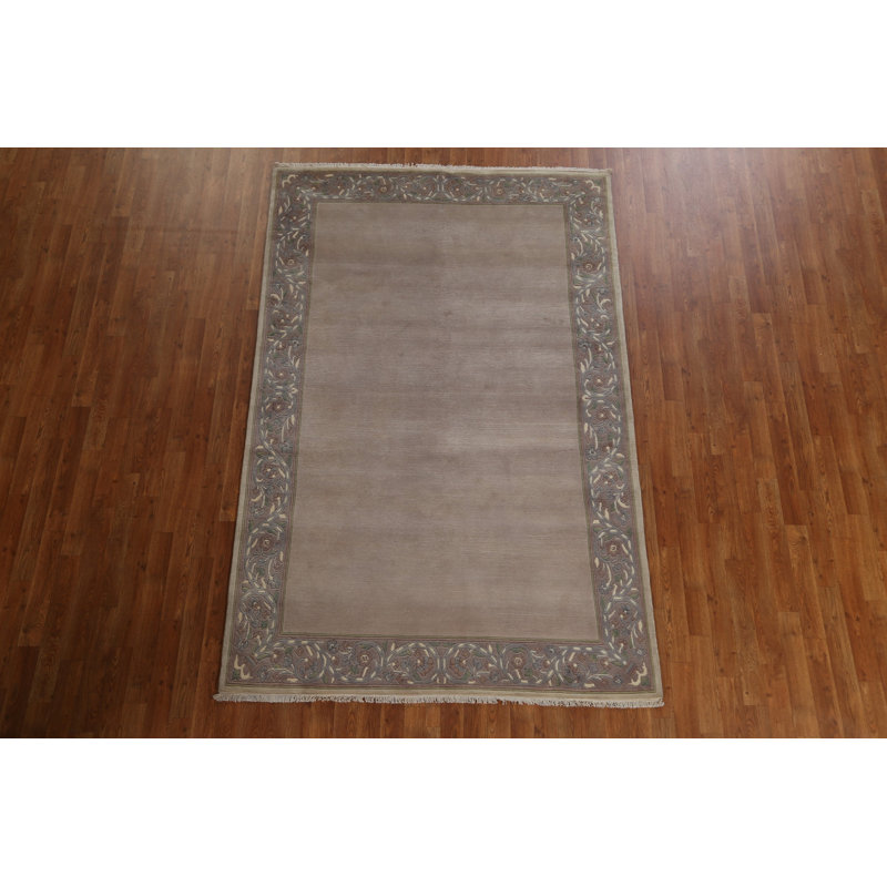 Tapis gris / beige / ivoire / vert en laine noué à la main de conception unique 5 pi 3 po x 8 pi 1 po
