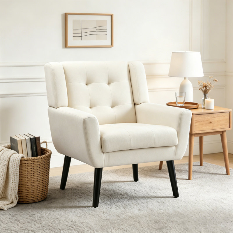 Bolanle 30" W Tufted Wide Back Accent Armchair, White Linen