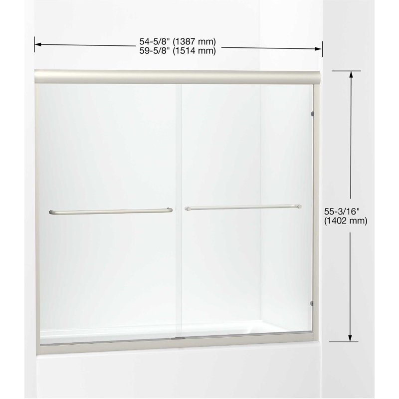 Finesse 59.62 in. W x 55.5 in. H Double Added Frameless Tub Door with Header and Clear Glass