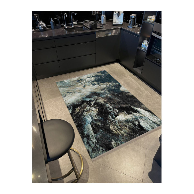 Machine Washable Black Abstract Sky and Clouds Modern Decorative Rug, Rectangle 4'7" x 6'7" Rug Pad Included