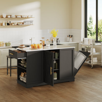 Rolling Kitchen Island Set With Trash Can, Stainless Steel Countertop, Drop Leaf, 2 Bar Stools by Gracie Oaks