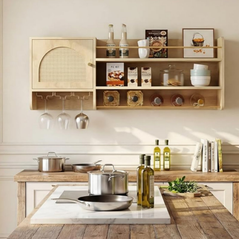 Wall Mount Wine Rack With Tabletop, Wooden Bottle Display Shelf, Beige