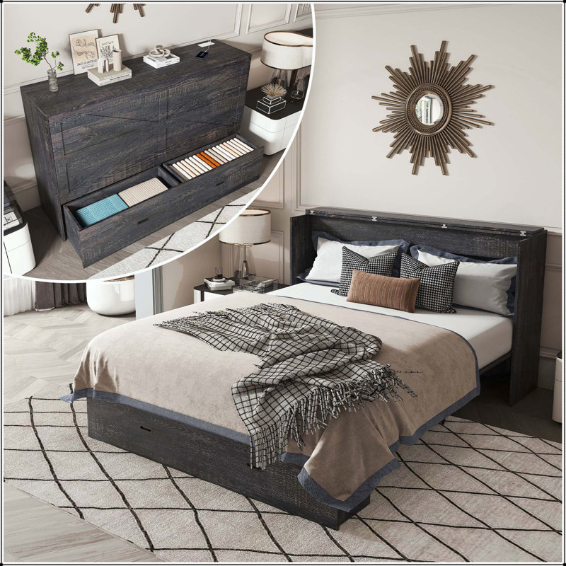 Lit escamotable 57 po avec tiroirs de rangement, armoire de chargement et roues pivotantes, Gris