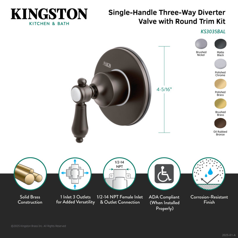 Kingston Brass Heirloom Single-Handle Wall Mount Three-Way Diverter Valve with Trim Kit, Brushed Brass