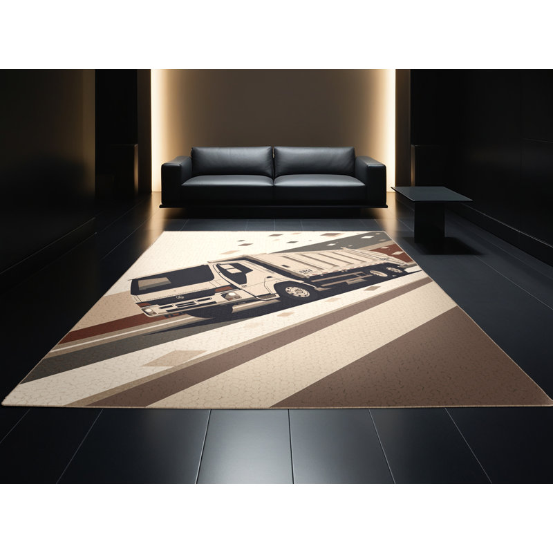 Soft Plush Eddy Garbage Truck Modern Geometric Area Rug in Beige – Beige Binding, 2x3