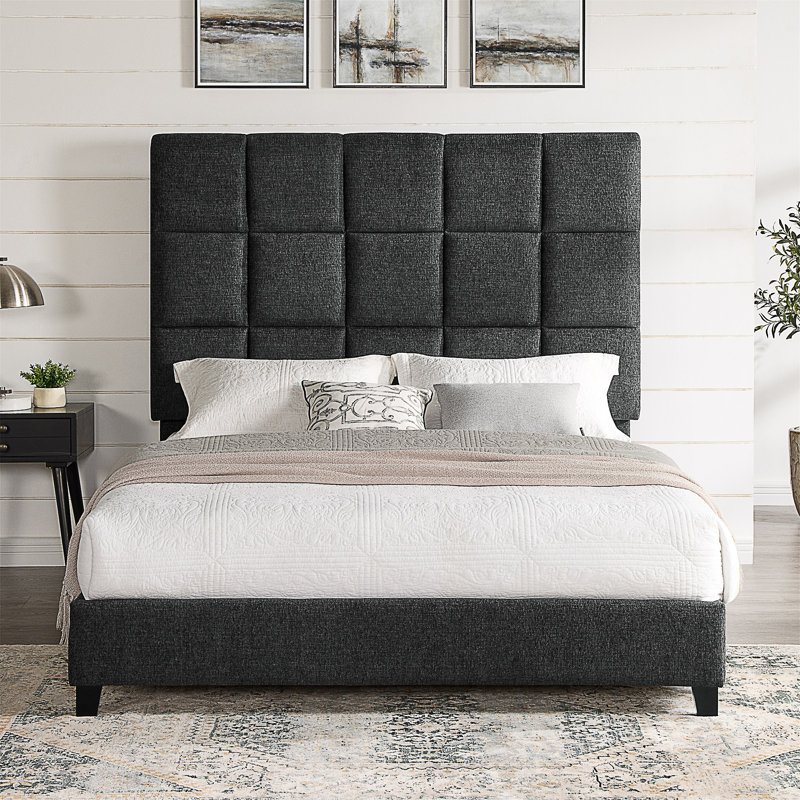 Grand lit plateforme tapissier, Gris, Grand lit