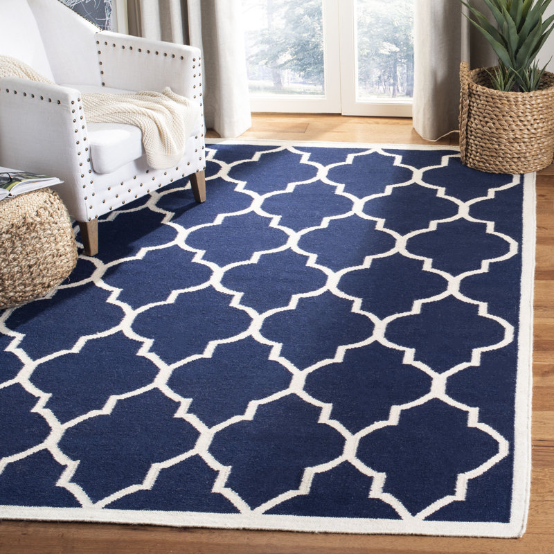 Tapis géométrique bleu en laine et coton tissé à la main Emek, Rectangle 10 pi x 14 pi