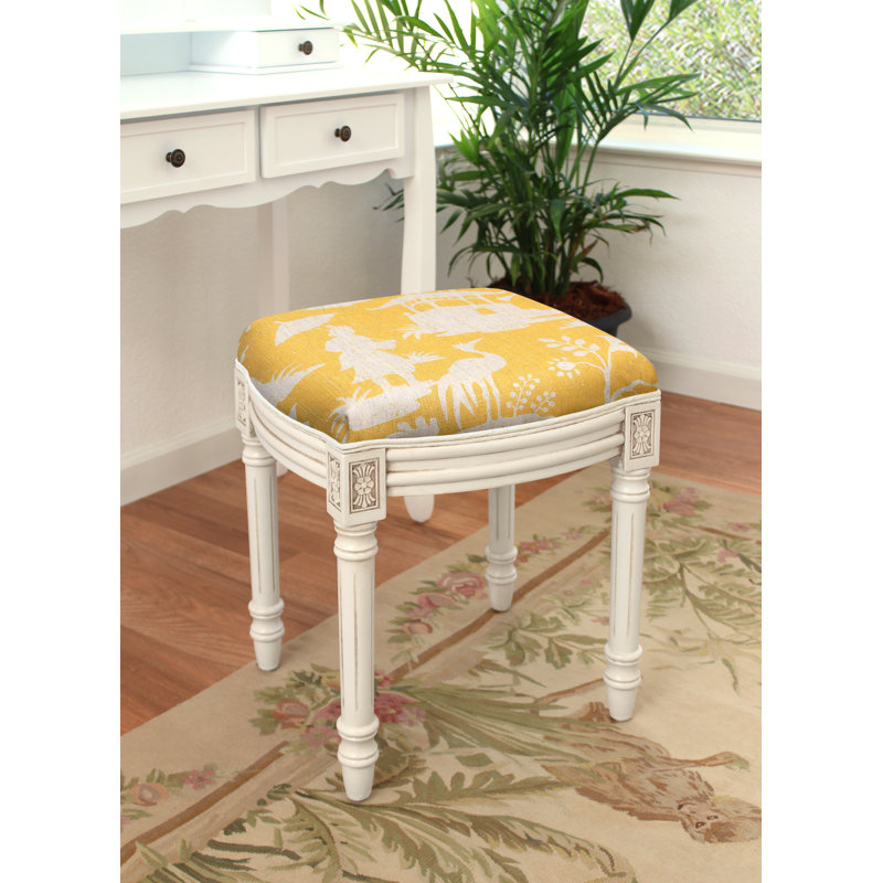 Tabouret de coiffeuse en lin Camillia, Blanc antique, Jaune moutarde