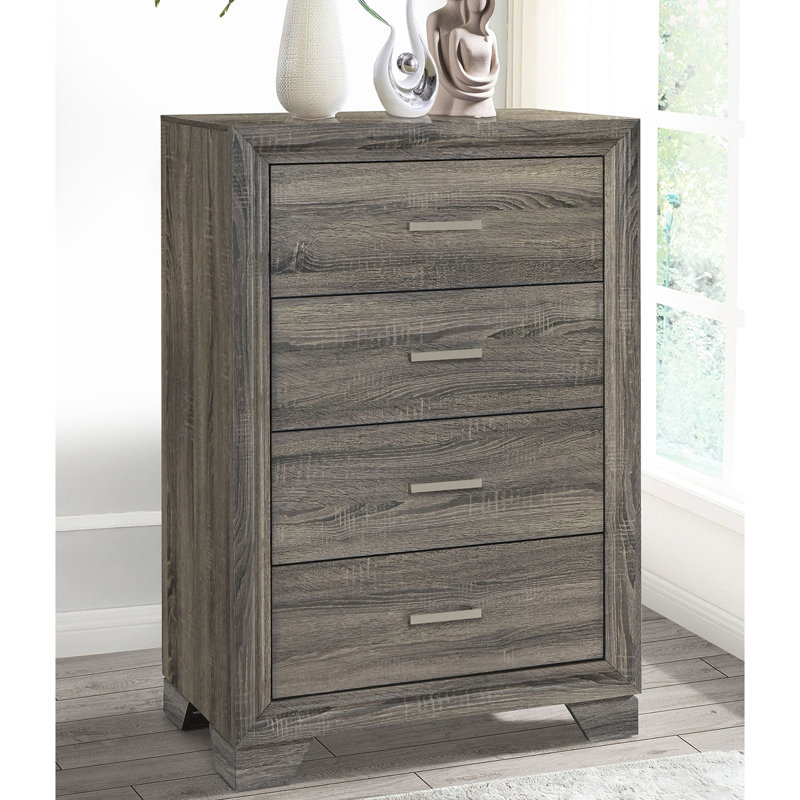 Commode 2 tiroirs en bois avec poignées barres en chêne brun