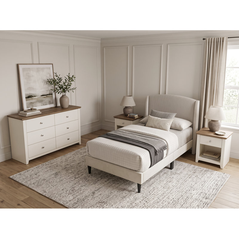Ensemble de chambre à coucher Mitchell 4 pièces, Beige / ivoire / chêne noueux, 4 Pcs: Bed, Dresser, 2 Nightstands, Twin