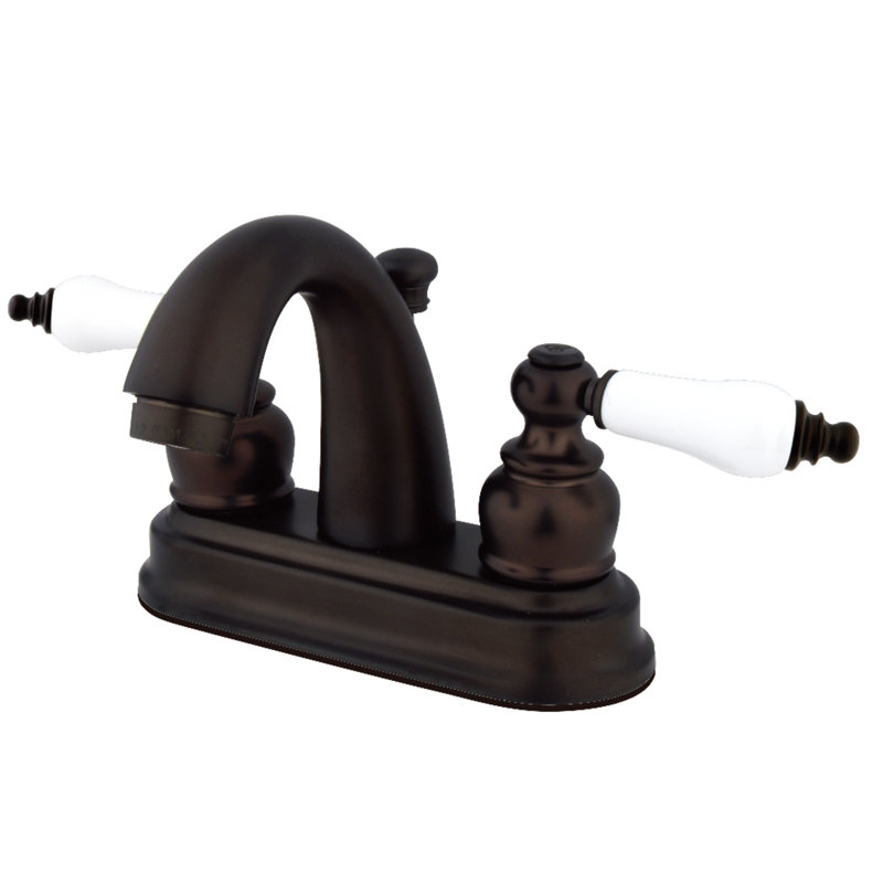 Kingston Brass Restoration Two-Handle 3-Hole Deck Mount 4" Centerset Bathroom Faucet with Plastic Pop-Up, Polished Brass