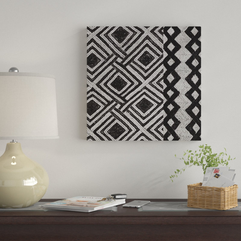 «Kuba Tissu Mat III, B&W», impression sur toile, H 12 po x l 12 po x P 1,5 po, Toile tendue, Pas de tapis