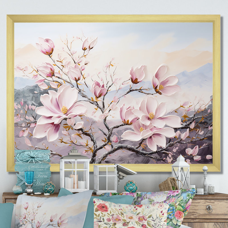 Fleurs de magnolia roses II sur toile, Cadre doré simple, H 12 po x l 20 po x P 1 po