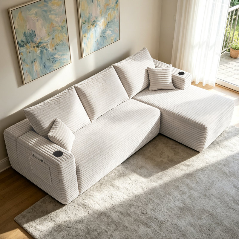 Canapé d'angle infonuagique avec méridienne en L et poches latérales, design modulaire moderne, assise profonde, revêtement en tissu pour salon/chambre, aucun assemblage requis, blanc, côté droit, 274 x 160 x 58 cm, tissu et mousse haute densité, modulable, blanc, aucun assemblage requis