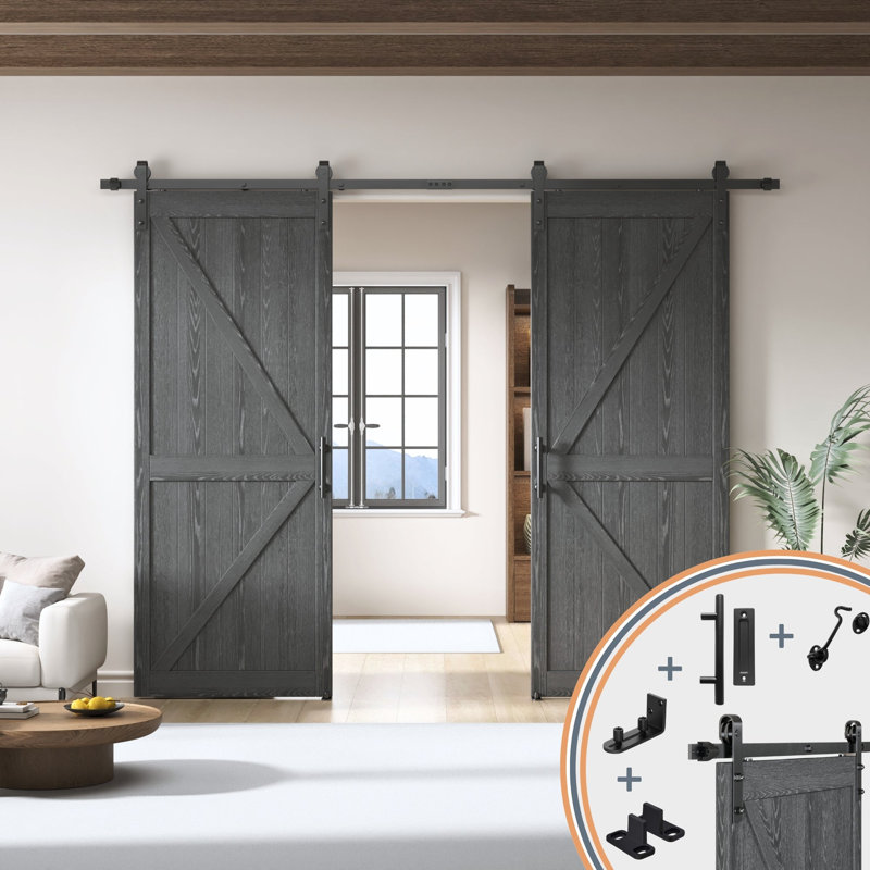 Ensemble de quincaillerie de porte de grange coulissante tout-en-un pour portes doubles DOOR Harbour, avec rail deux pièces, poignée, serrure, guide de plancher et de mur réglable, en douceur et silencieusement, facile à installer, robuste, noir (sans
