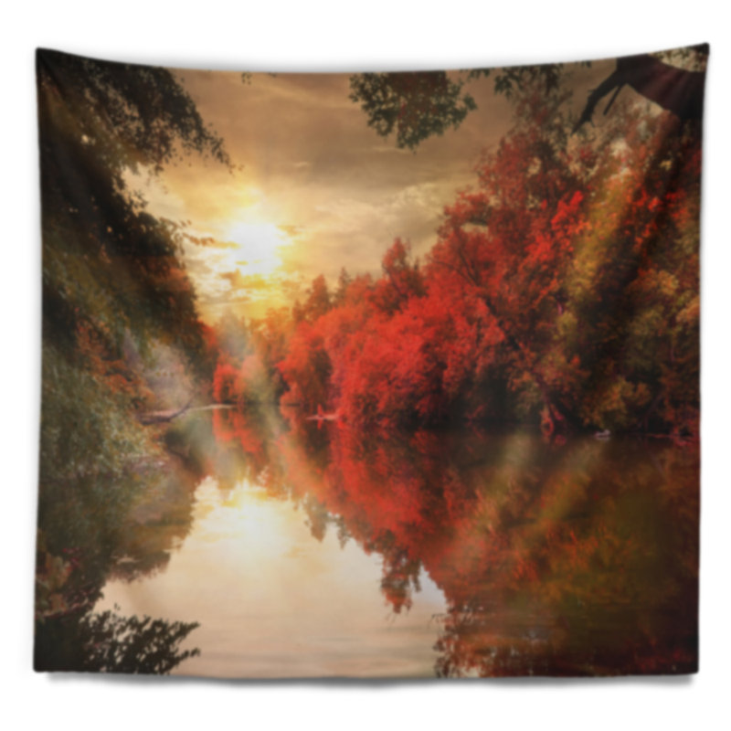 Paysage, coucher de soleil d'automne coloré sur une tapisserie, H 78 po x l 92 po