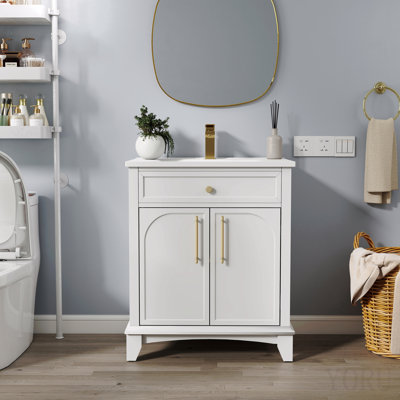 27.8" Modern Bathroom Vanity Sink Combo With Painted Surface, Mid-Century Freestanding Freestanding Bathroom Vanity Sink With Storage, High-End Restroom Vanity Cabinet With Drawers & Metal Handles
