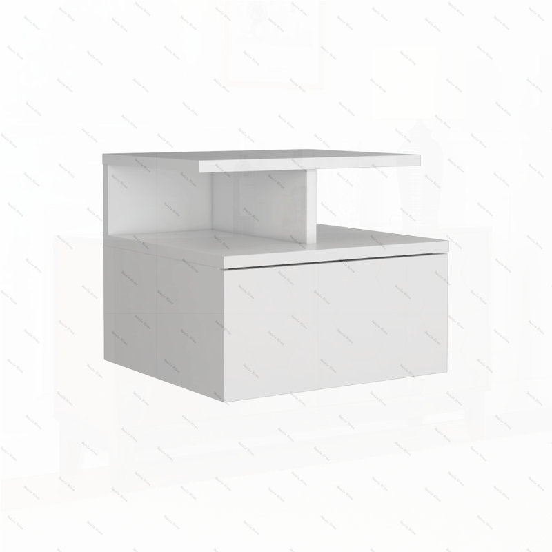Table de chevet flottante Adele, table de bout, tiroir de table d'appoint, tablettes ouvertes, Blanc
