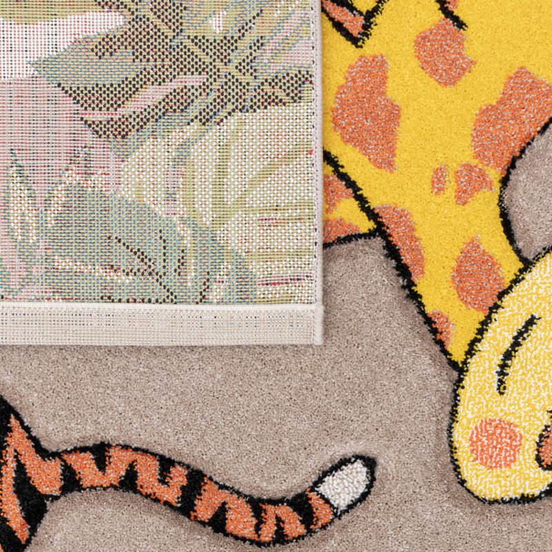 Colorful Jungle Animals Square Kids Rug in Beige and Green