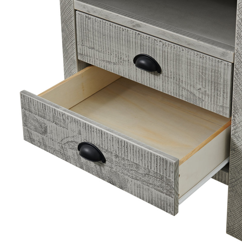 Arden Driftwood Gray 2-Drawer Pine Wood Nightstand with Open Shelf