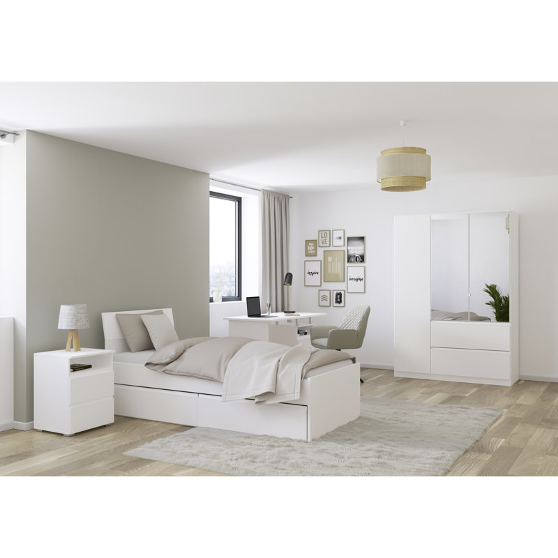Joel 4 Piece Bedroom Set Bed, bedside table, desk and wardrobe MADE IN GERMANY, European Single (90 x 200cm)