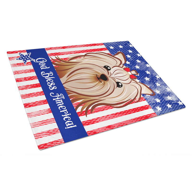 Caroline's Treasures Tempered Glass God Bless American Flag Cutting Board, Yorkie Yorkishire Terrier
