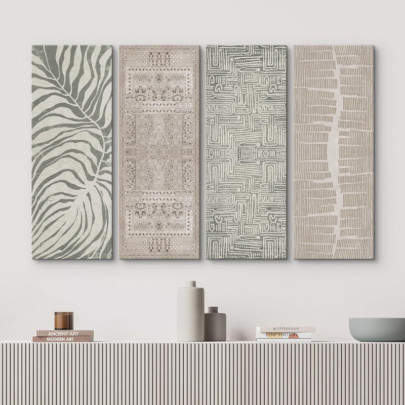 «Geometric Line Green Forest Leaf Nature», ensemble de 4 reproductions sur toiles tendues