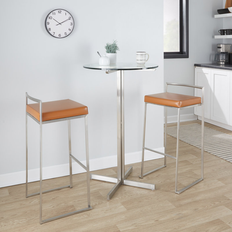 Tabouret de bar empilable contemporain, 16 po x 17,5 po x 34 po, similicuir, ensemble 2 pièces, brun clair, style contemporain