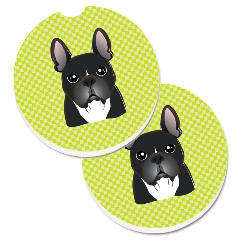 Ceramic Round 2 Piece Car Coaster Set, Lime Green, Black French Bulldog