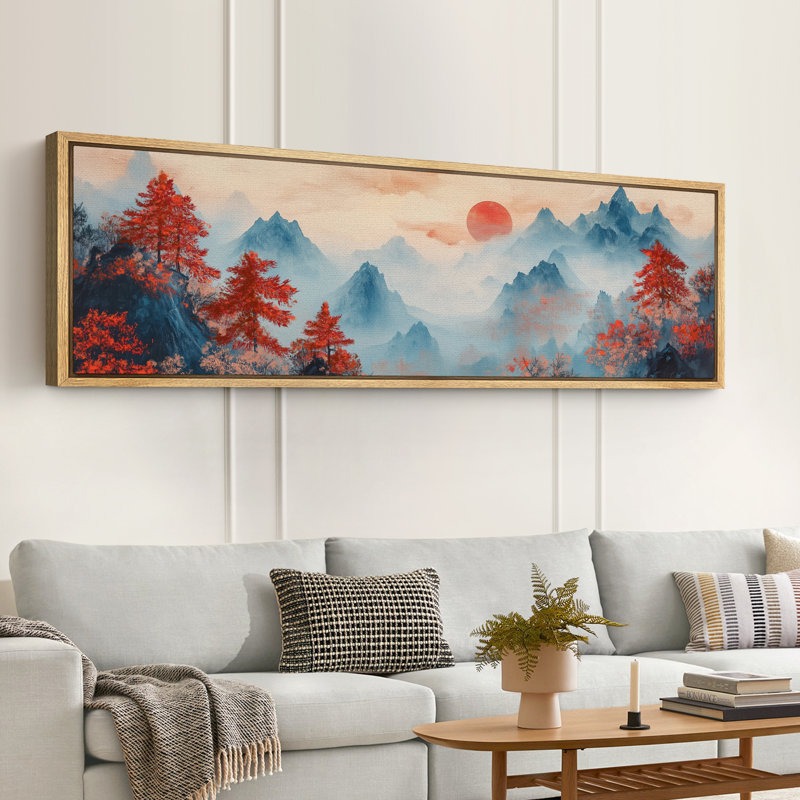 «Vibrant Red Sun Mountains», art mural de style chinois, impression numérique sur toile giclée sur toile, H 20 po x l 60 po