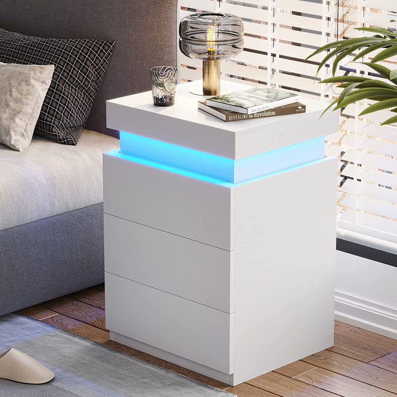 Tray Top 3 - Drawer End Table and Built-In Outlets, White