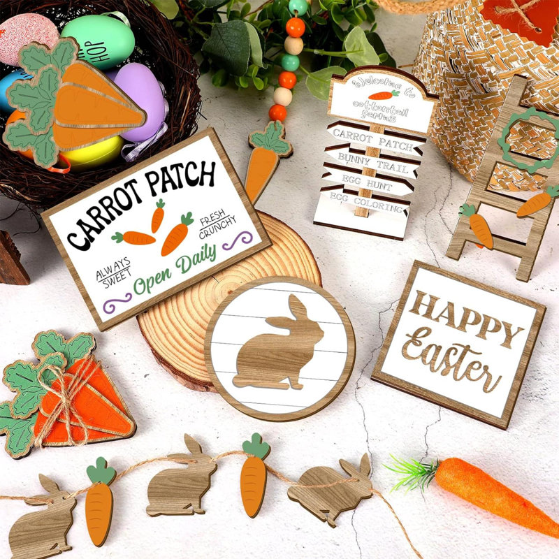 Kaimalu 12 pièces de plateau de Pâques à niveaux décoratifs en bois de carotte avec des œufs, des œufs, des panneaux de joyeuses Pâques pour la maison de campagne, décorations de cuisine rustique