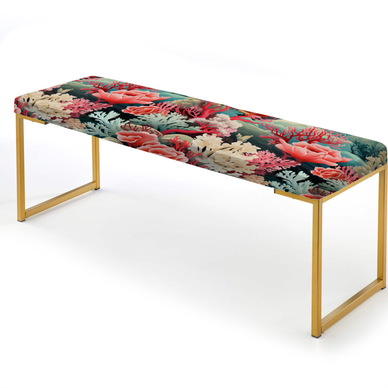 Pink And Blue Coral Coastal Reef - Coastal Upholstered Gold Bench