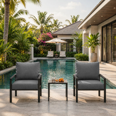 Ensemble de patio en métal 3 pièces, ensemble de mobilier d'extérieur avec coussins en oléfine, table d'appoint