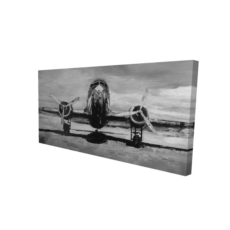 Avion en niveaux de gris - Carte de voyage moderne en toile pour la décoration intérieure, H 24 po x l 48 po