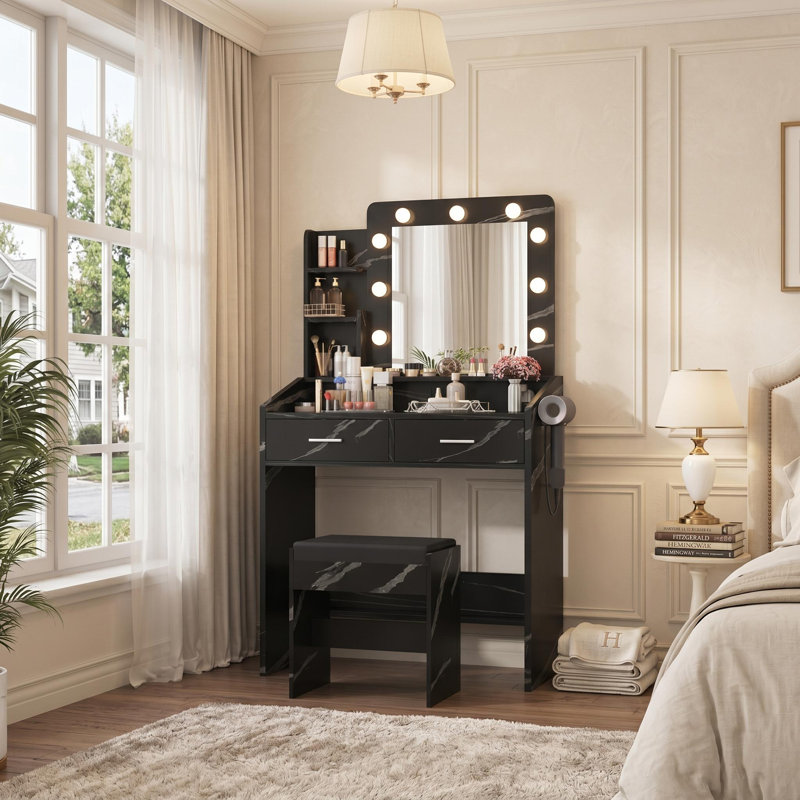Vanity Table Set with Large Mirror and Cushioned Stool for Bedroom, Black