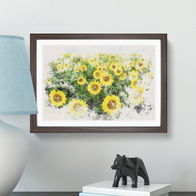Yellow Sunflower Meadow Watercolour - Picture Frame Graphic Art Print, 45cm H x 63cm W x 2cm D, Walnut Framed