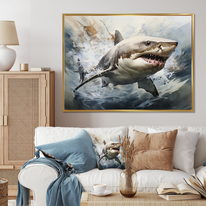 " Gray Shark Silent Hunter I ", Gold Floater Framed, 30" H x 40" W x 1.5" D