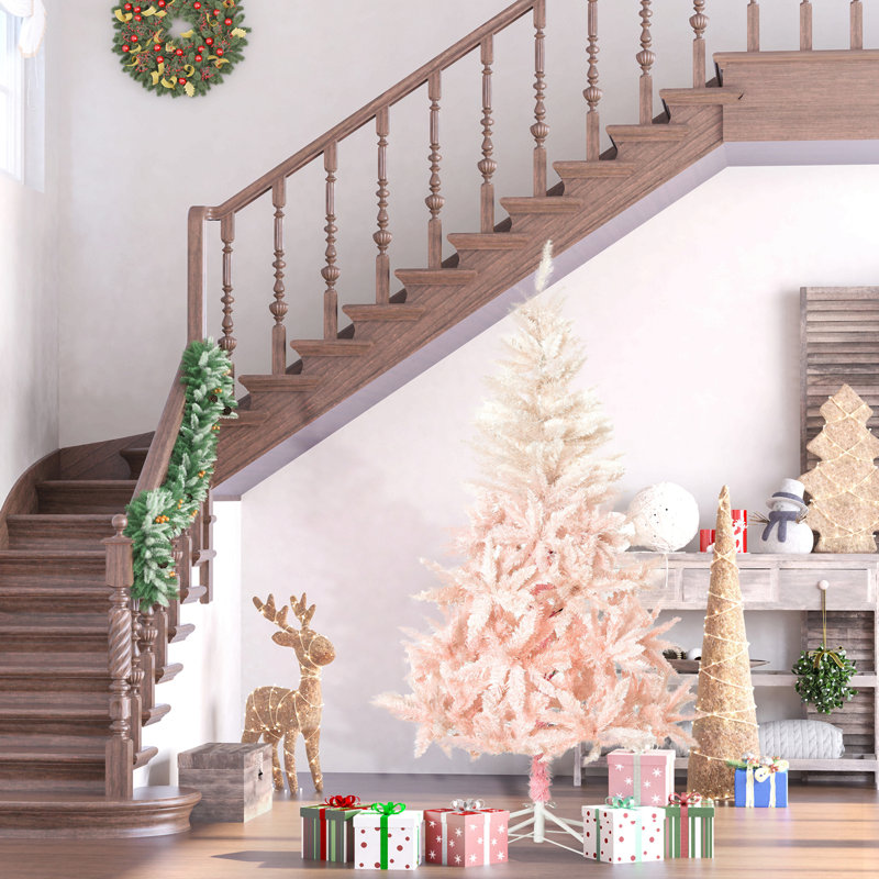 Arbre de Noël artificiel épinette non éclairé avec branches et pointes réalistes, rose, 7'