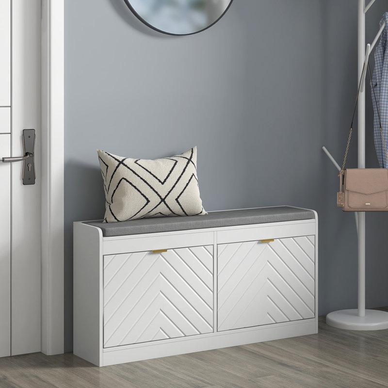 Banc à chaussures, banc d'entrée avec 2 tiroirs rabattables, coussin de siège et 2 évents pour 8 paires de chaussures pour le couloir