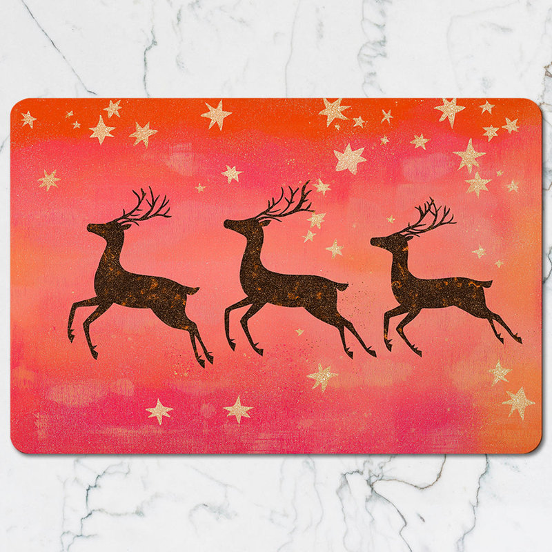 Reindeer Placemat And Coaster Set In Pink Sunset With Gold Stars