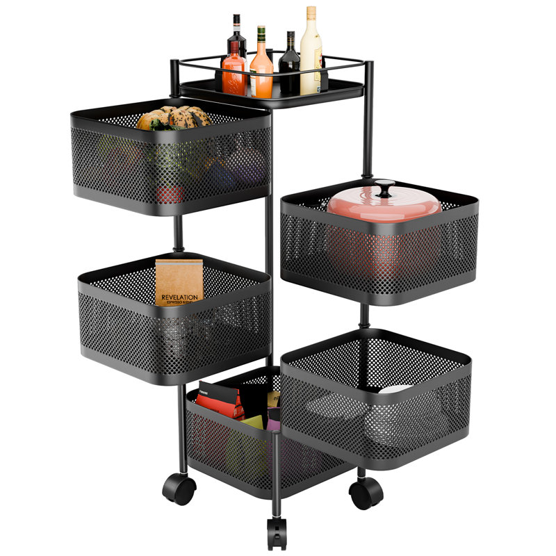 Kitchen Storage Cart,Rotating Trolley on Wheels,Metal Wire Shelf with Top Lid