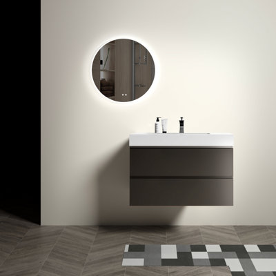 36" Bathroom Vanity With Sink - Modern Gray Wall Mounted Setup, Double Drawer Storage , Silent Device, Stylish Handle- Fragment, Optimizer, Appliance, Contemporary